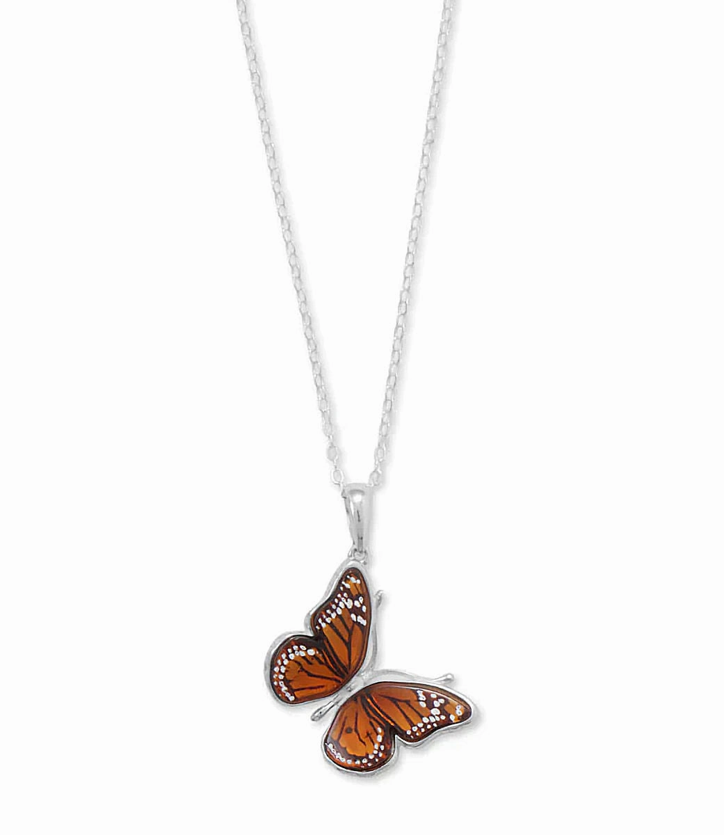 Casual Wear Handcrafted Baltic Amber Monarch Butterfly Necklace Sterling Silver, 18-inch Chain