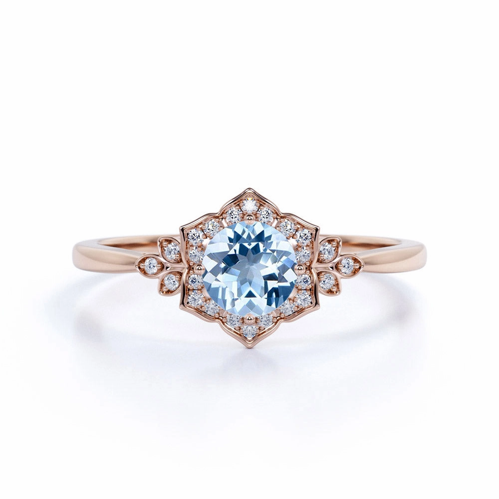 Pearlescent Finish Top Rated 1.75 ct Round Aquamarine Antique Art Deco Engagement Ring