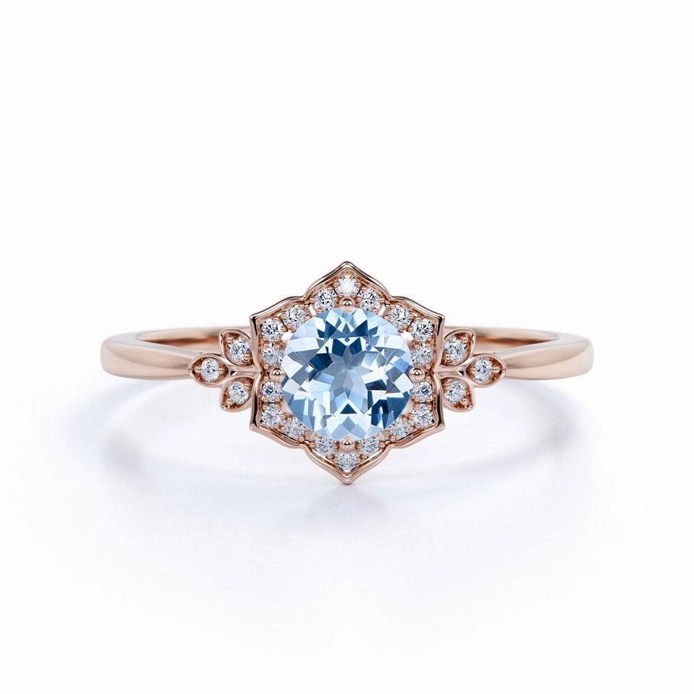 1.75 ct Round Aquamarine Antique Art Deco Engagement Ring Couple Matching