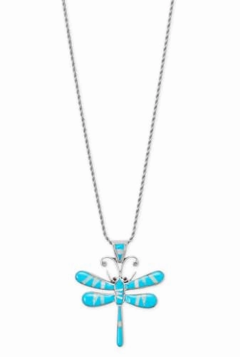 Handmade Sterling Silver Dragonfly Necklace with Reconstituted Turquoise and Synthetic Opal Inlay on Rope Chain Polished Edge Contemporary Ornament