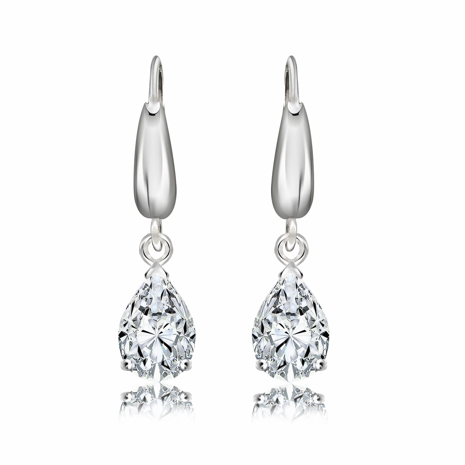 Teardrop 1.5 Carat Pear Shaped Moissanite Dangle Earrings in 18K White Gold over Silver Magnificent Accent
