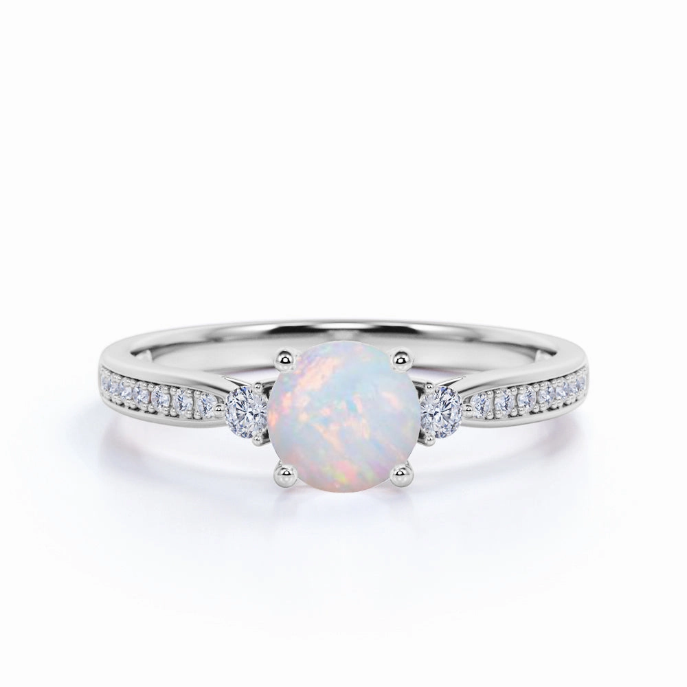 Three-Stone 1.10 Ct Round Cut Lab Created Opal Engagement Ring Ornate Ornament