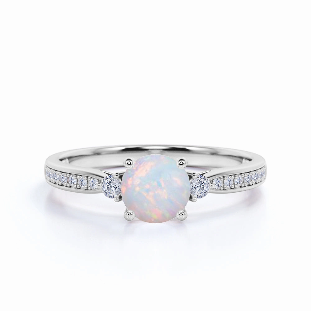 Brilliant Ornament Three-Stone 1.10 Ct Round Cut Lab Created Opal Engagement Ring