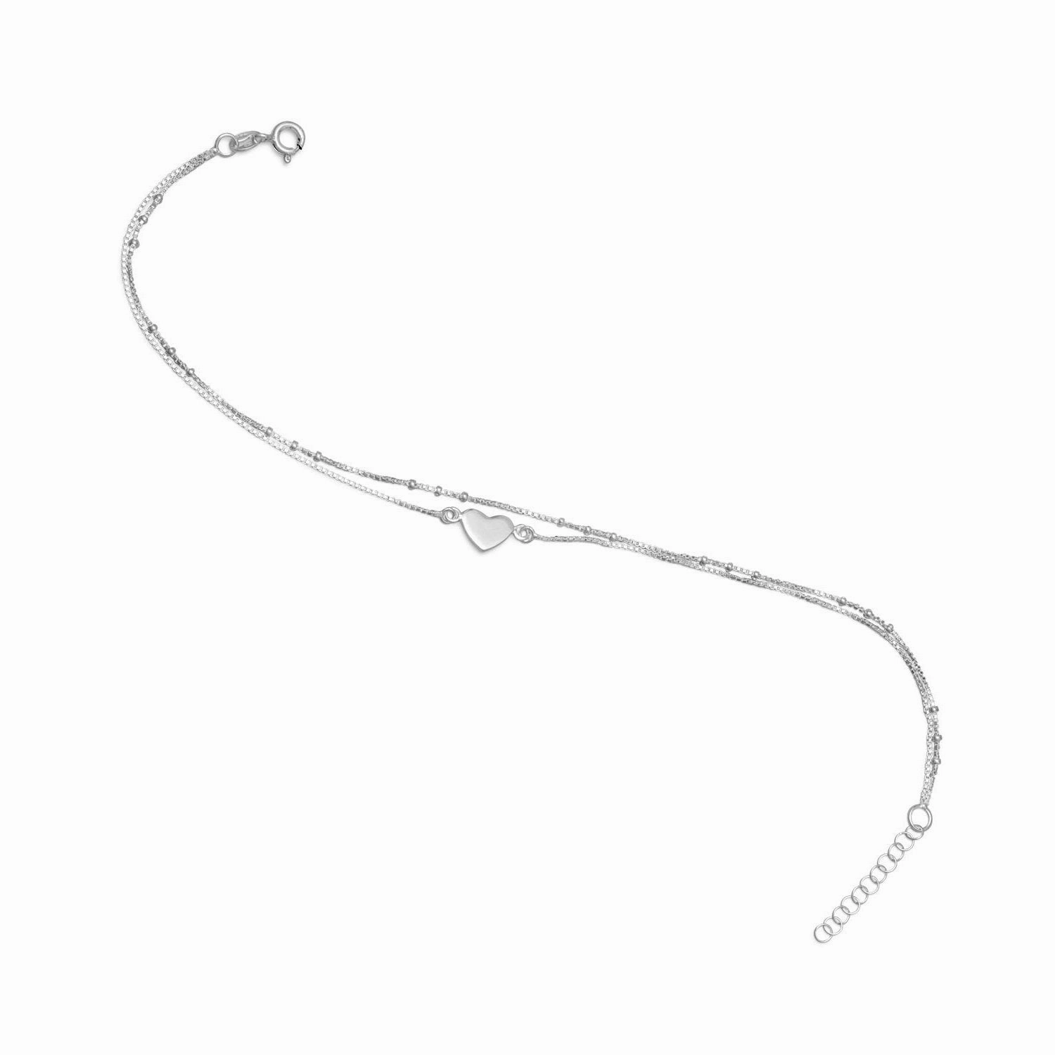Layered Beauty Contemporary Appeal Heart Anklet Double Chain Sterling Silver Adjustable Length 9 to 10 inches