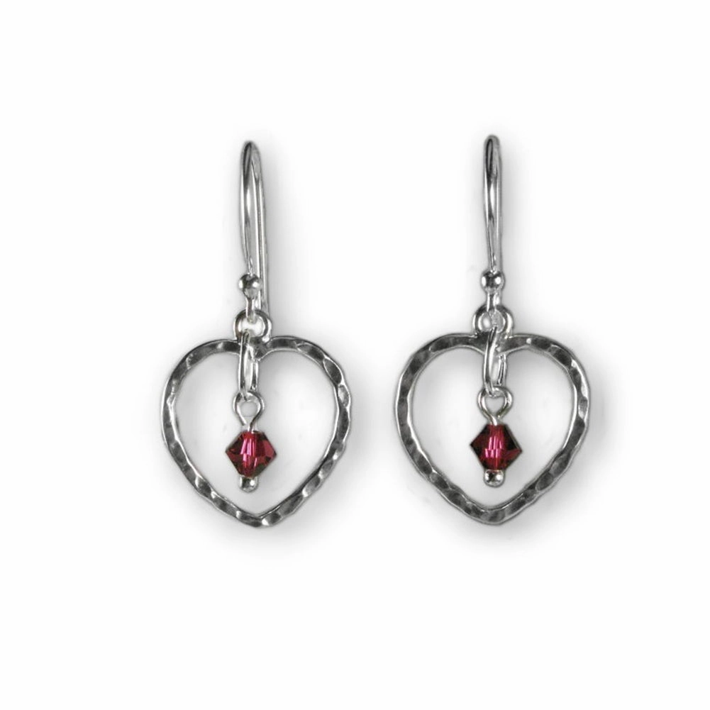 Heart Earrings with Red Swarovski(R) Crystal Drops Hammered Sterling Silver Lustrous Item Petite Trinket