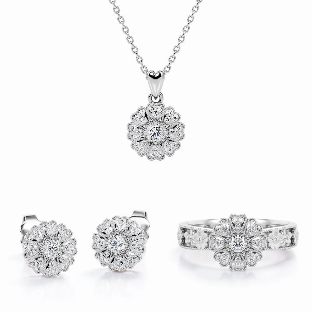 Designer Expression Beautiful Adornment Heart-Petal Cluster Jewelry Set of 0.45 TCW Diamond with Pendant, Earrings & Ring