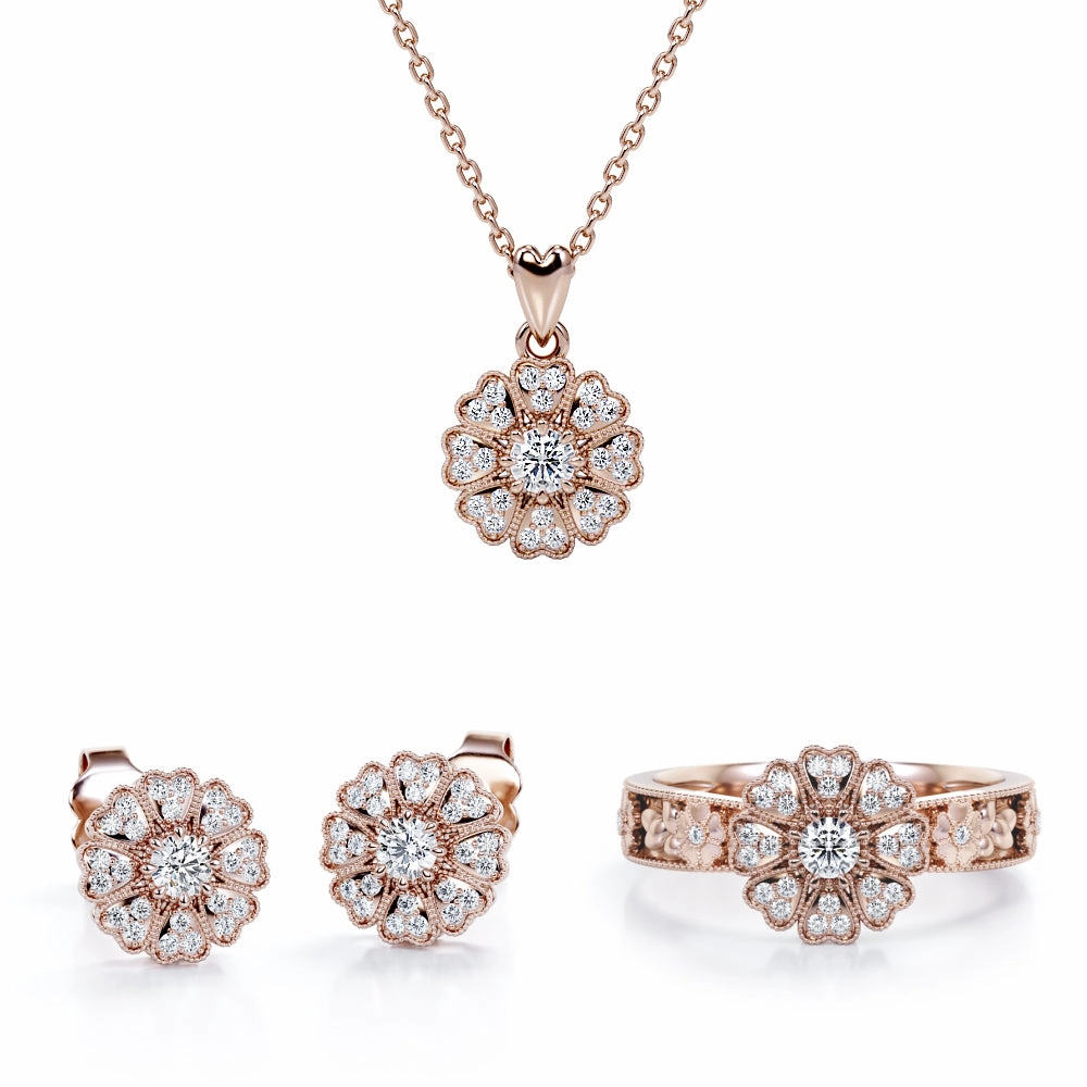Final Touch Heart-Petal Cluster Jewelry Set of 0.45 TCW Diamond with Pendant, Earrings & Ring