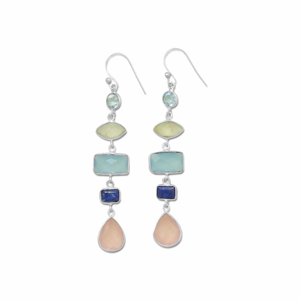 Blue Topaz Prehnite Chalcedony Lapis and Rose Quartz Dangle Earrings Sterling Silver Minimalist Style