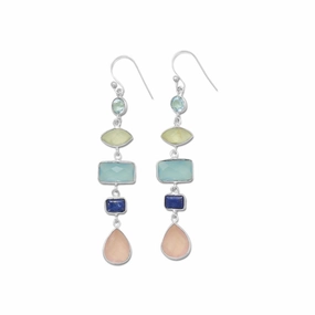 Blue Topaz Prehnite Chalcedony Lapis and Rose Quartz Dangle Earrings Sterling Silver Minimalist Style