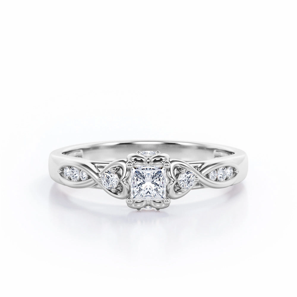 Retro Inspired Heart Twisted Channel 0.35 TCW Princess Cut Diamond Cathedral Engagement Ring in White Gold
