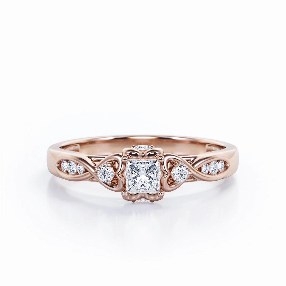 Amazing Expression Heart Twisted Channel 0.35 TCW Princess Cut Diamond Cathedral Engagement Ring in White Gold