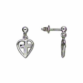 Heart with Cross Post Stud Dangle Earrings Sterling Silver Embellished Jewelry