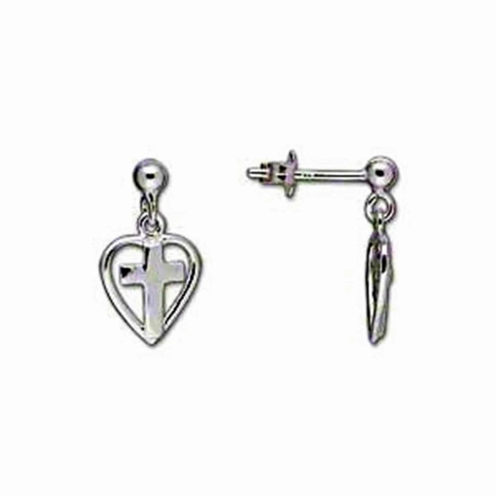 Heart with Cross Post Stud Dangle Earrings Sterling Silver Embellished Jewelry