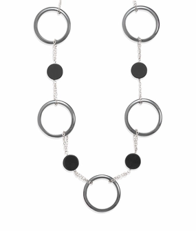 Hematite and Black Onyx Necklace Sterling Silver Adjustable Circles Boho Accent