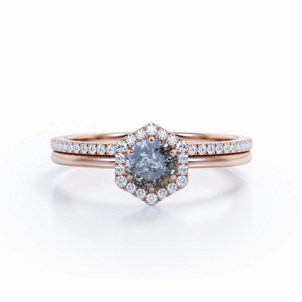 Hexagon 1.25 Ct Round Salt and Pepper Diamond Wedding Ring Set Custom Sizable Fantastic Gift