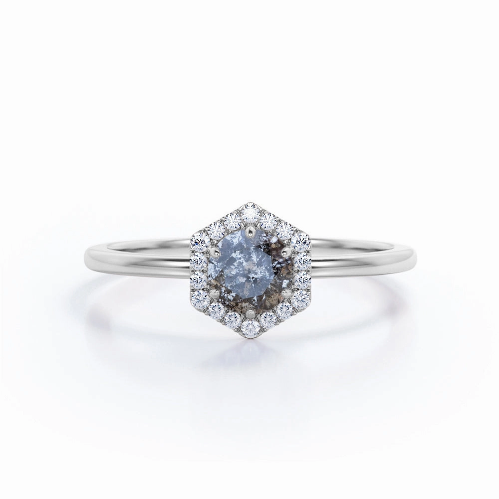 Superior Style Secure Object Hexagon 1 Ct Round Salt and Pepper Diamond Engagement Ring