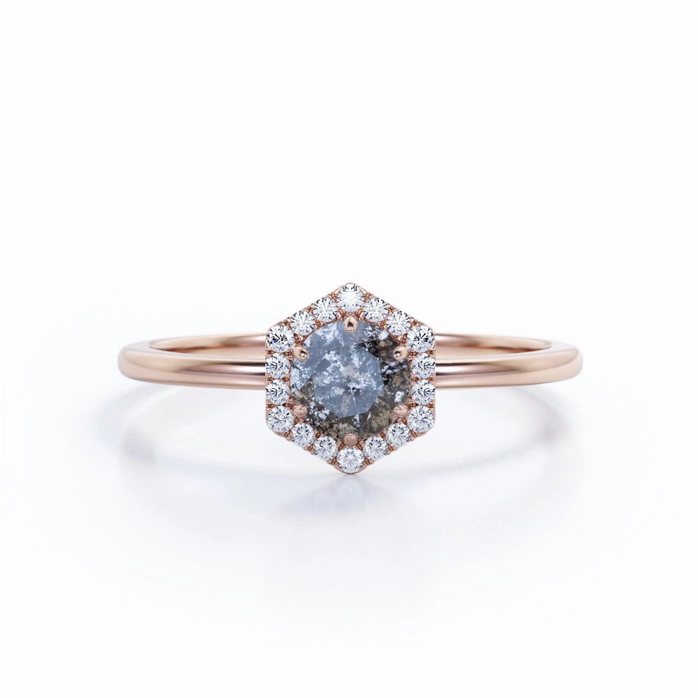Hexagon 1 Ct Round Salt and Pepper Diamond Engagement Ring Timeless Beauty