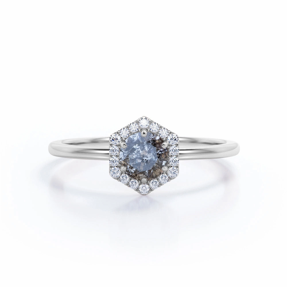 Country Flag Hexagon 1 Ct Round Salt and Pepper Diamond Engagement Ring