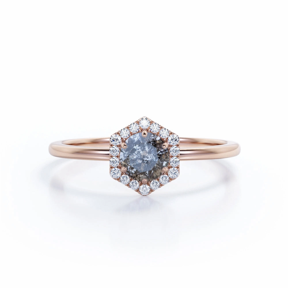 Hexagon 1 Ct Round Salt and Pepper Diamond Engagement Ring Romantic Moment Traditional Craft