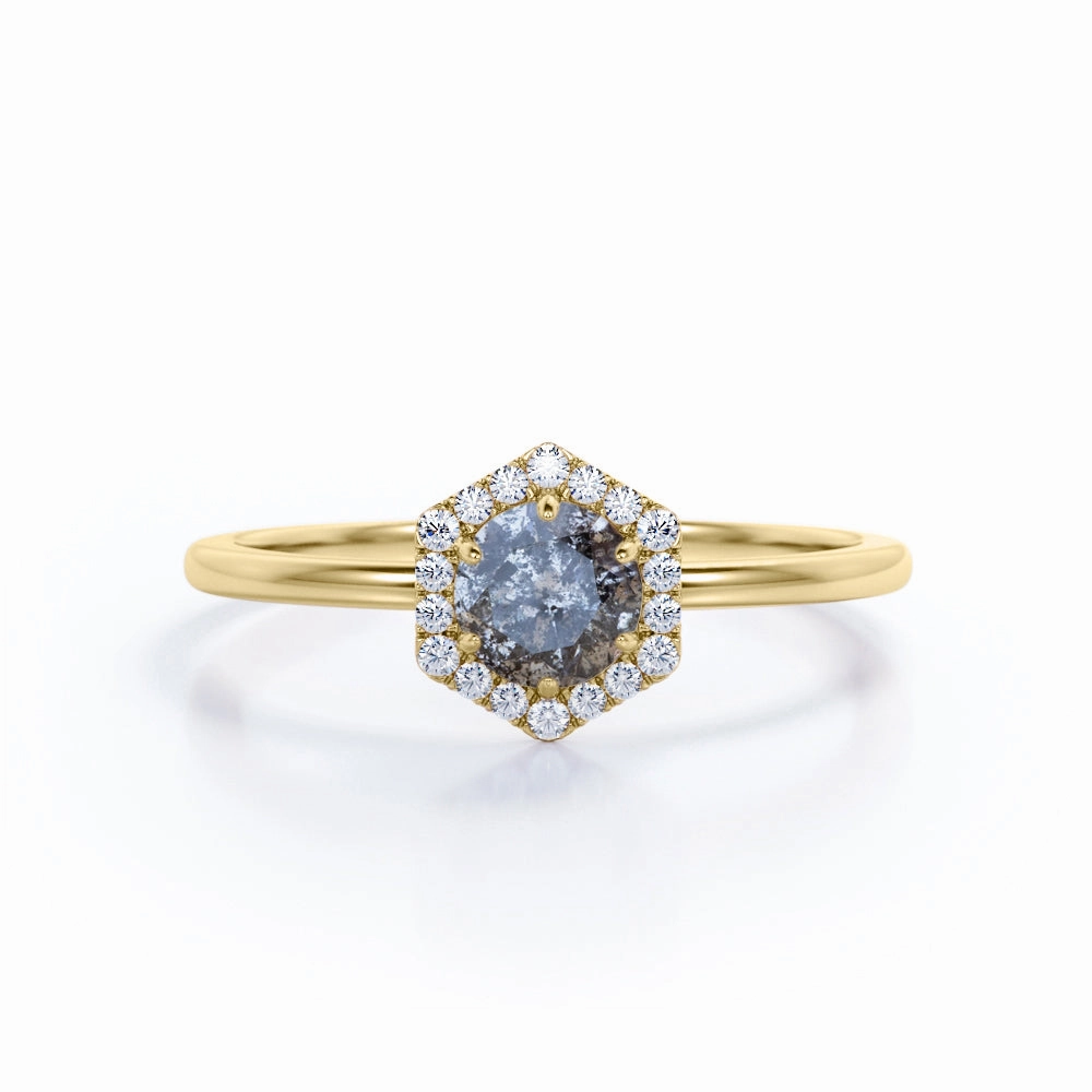 Hexagon 1 Ct Round Salt and Pepper Diamond Engagement Ring Soft Finish Look