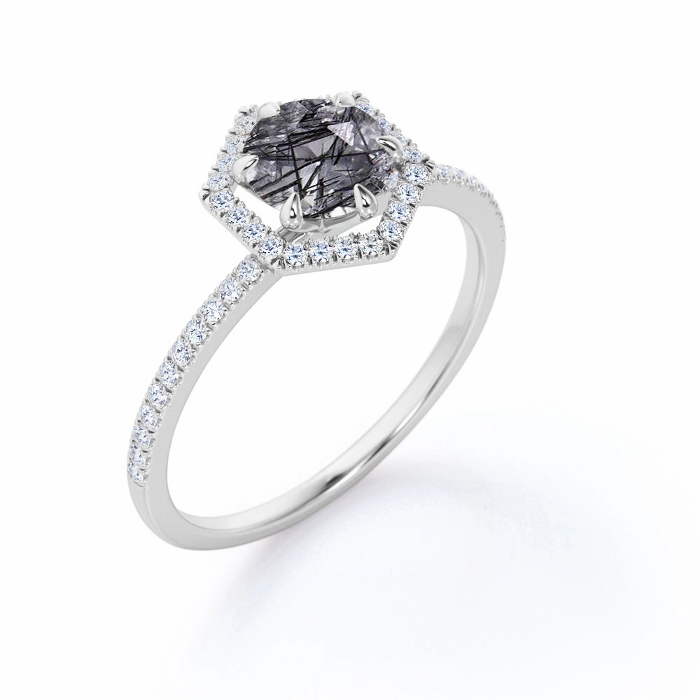 Hexagon Halo 1.50 ct Round Black Rutilated Quartz Engagement Ring Cultural Heritage
