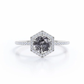 Branded Craft Sturdy Object Hexagon Halo 1.50 ct Round Black Rutilated Quartz Engagement Ring