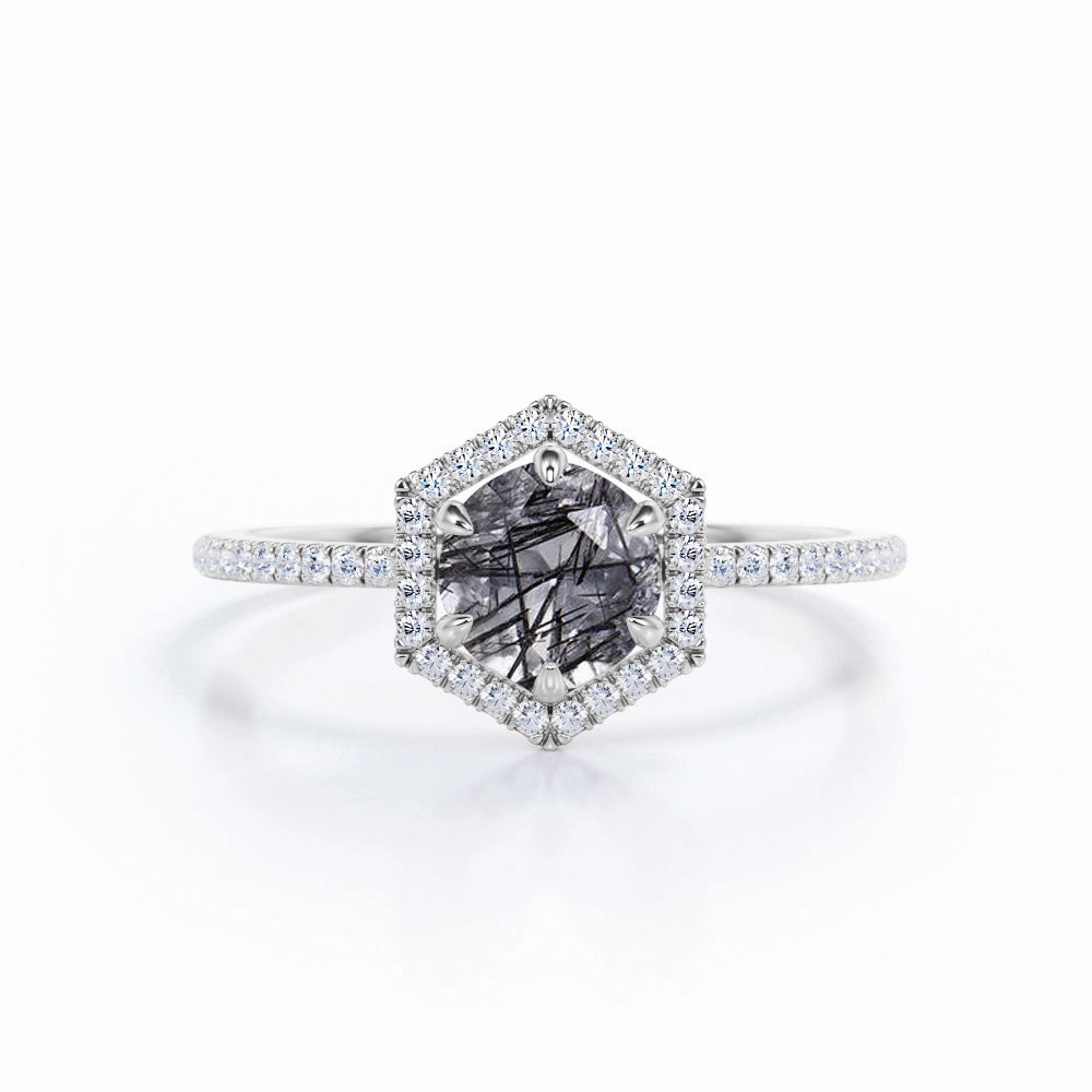 Branded Craft Sturdy Object Hexagon Halo 1.50 ct Round Black Rutilated Quartz Engagement Ring
