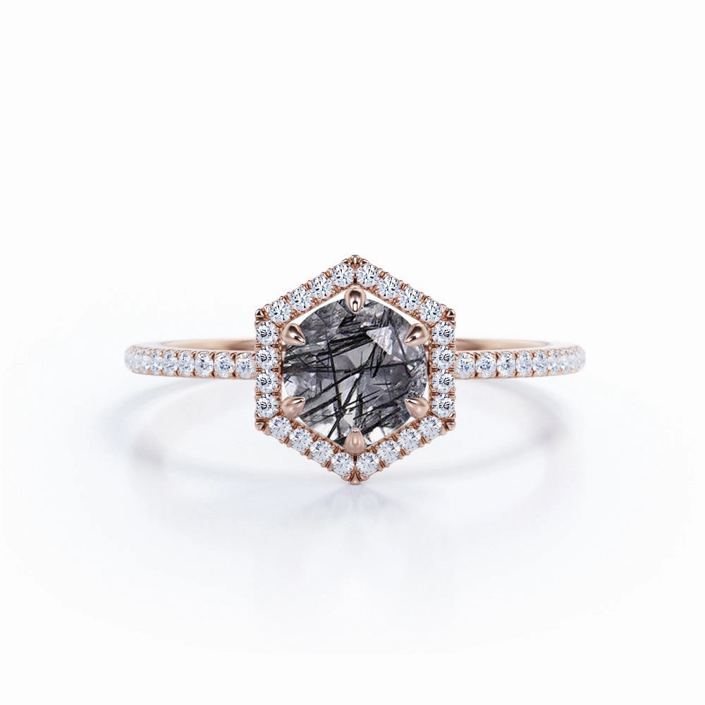 Hexagon Halo 1.50 ct Round Black Rutilated Quartz Engagement Ring Home care