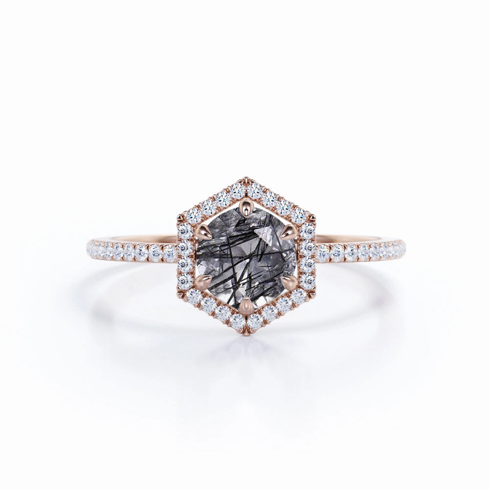 Simple Beauty Hexagon Halo 1.50 ct Round Black Rutilated Quartz Engagement Ring