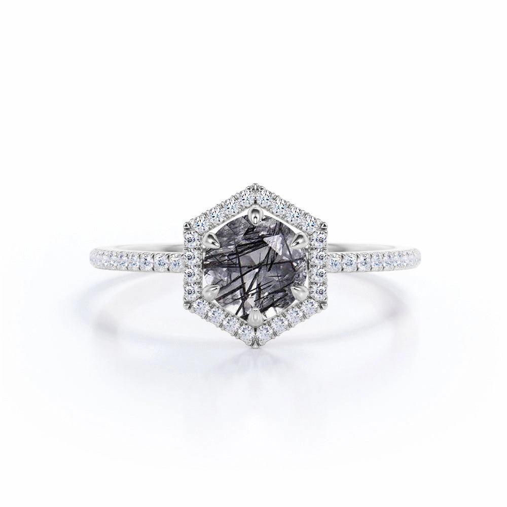 Stylish Bauble Hexagon Halo 1.50 ct Round Black Rutilated Quartz Engagement Ring