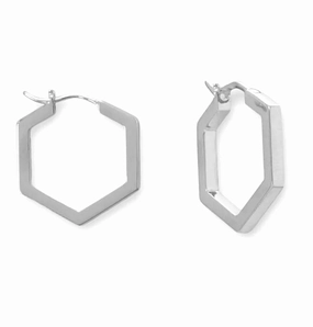 Spiral Piece Hexagon Hoop Earrings Rhodium on Sterling Silver