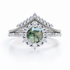 Vintage Milgrain 0.8 Carat Round Cut Moss Agate Bridal Set High-End Craft Affordable Statement