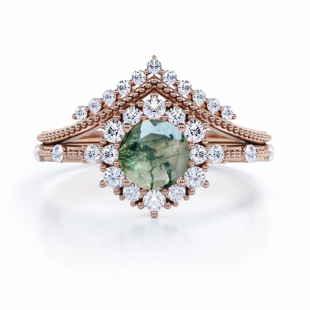 Exquisite Look Vintage Milgrain 0.8 Carat Round Cut Moss Agate Bridal Set