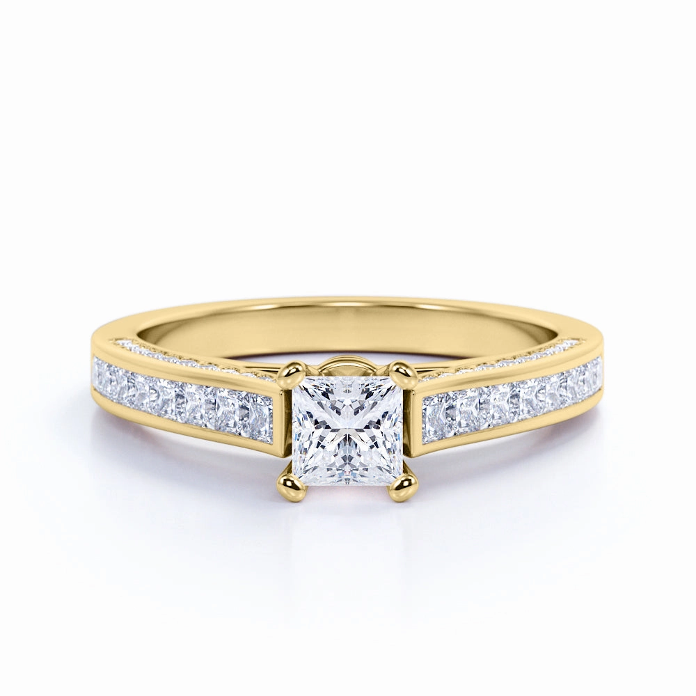 Wardrobe Essential Vintage 1 Carat Princess Cut Diamond - Channel Set Band - Edwardian Engagement Ring in 10K Yellow Gold
