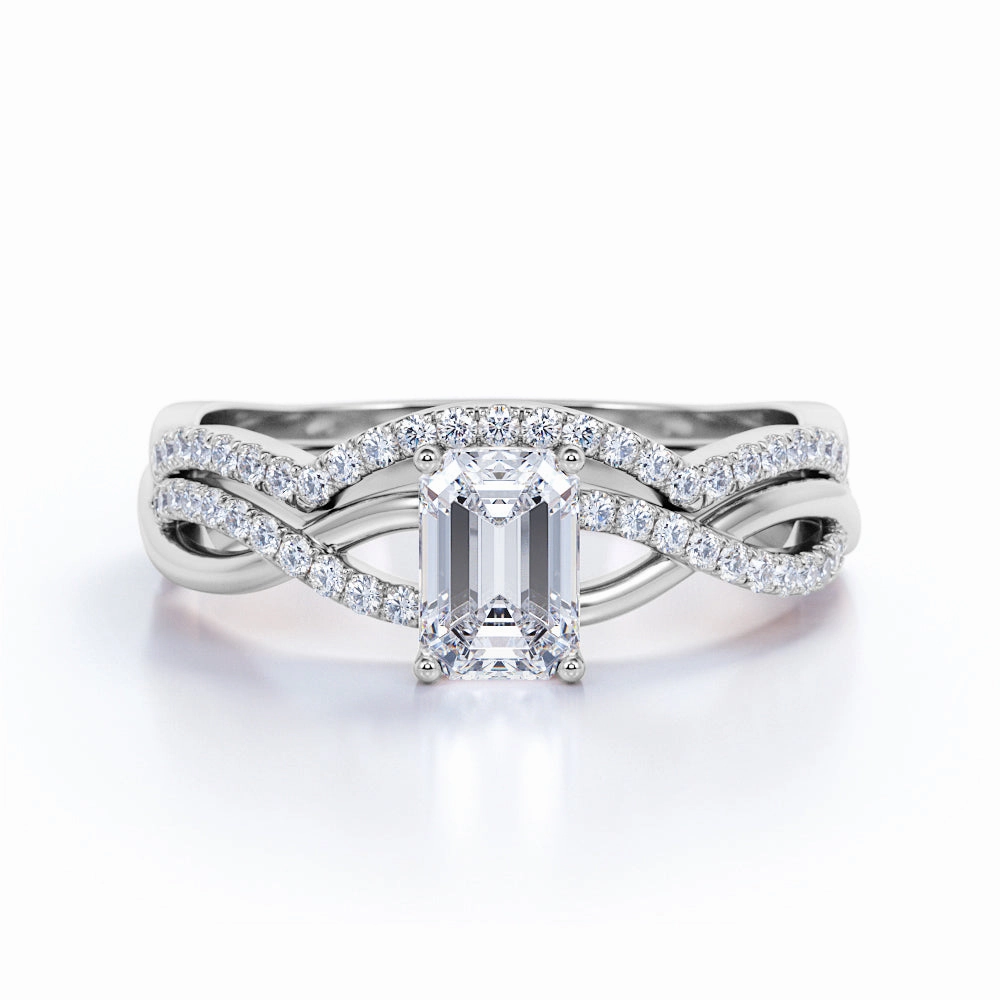 Value Pack Glam Statement Three Stone 1.50 Carat Emerald Cut Moissanite Bridal Set