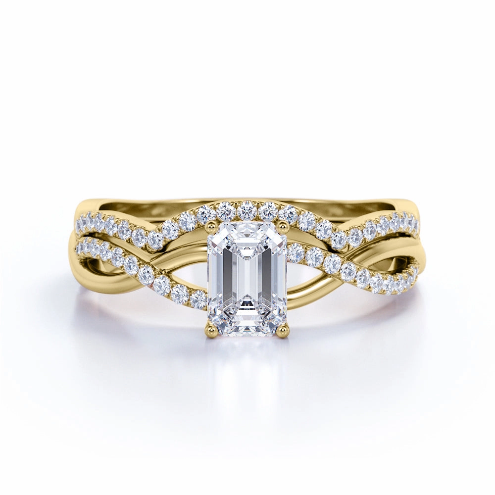 Excellent Object Three Stone 1.50 Carat Emerald Cut Moissanite Bridal Set