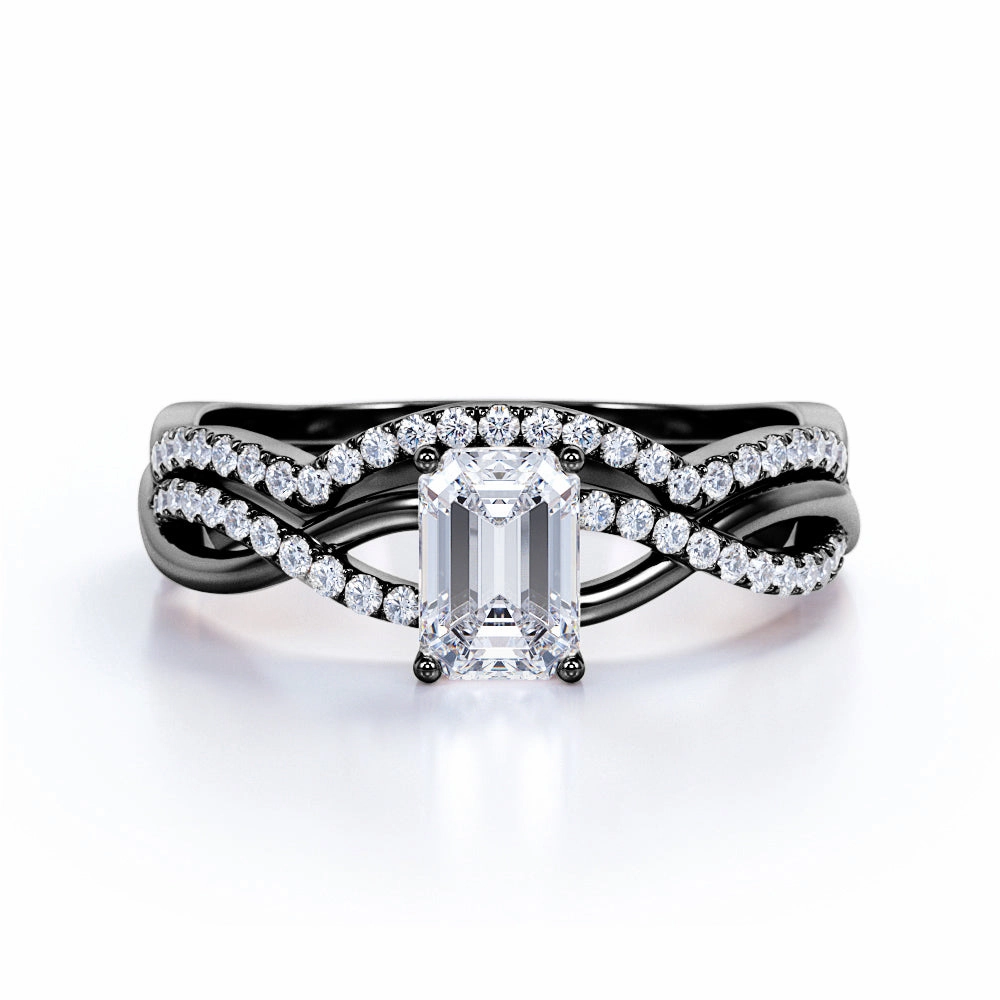 Unique Style Three Stone 1.50 Carat Emerald Cut Moissanite Bridal Set