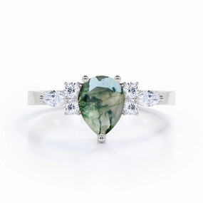 Shiny Item Strong Design Seven Stone 0.6 Carat Pear Moss Agate Engagement Ring