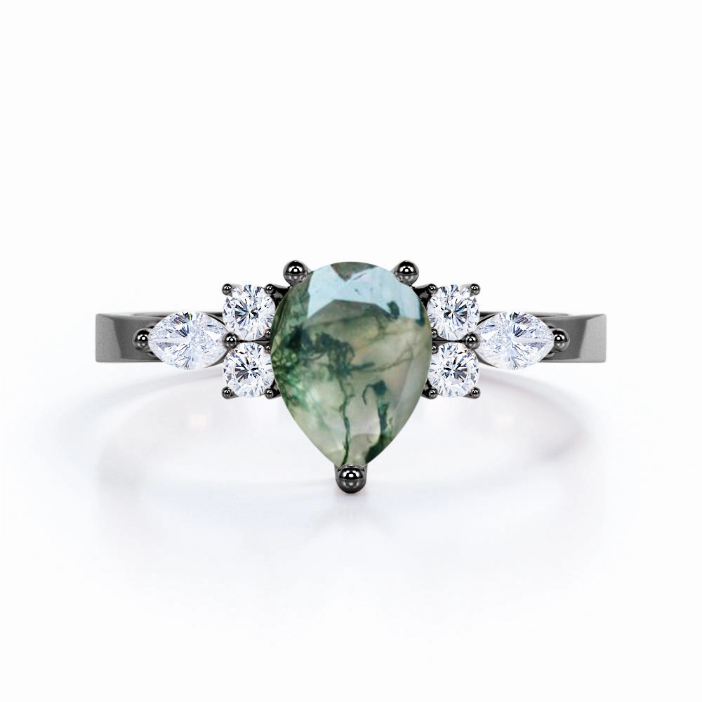 Ornate Trinket Lovely Style Seven Stone 0.6 Carat Pear Moss Agate Engagement Ring