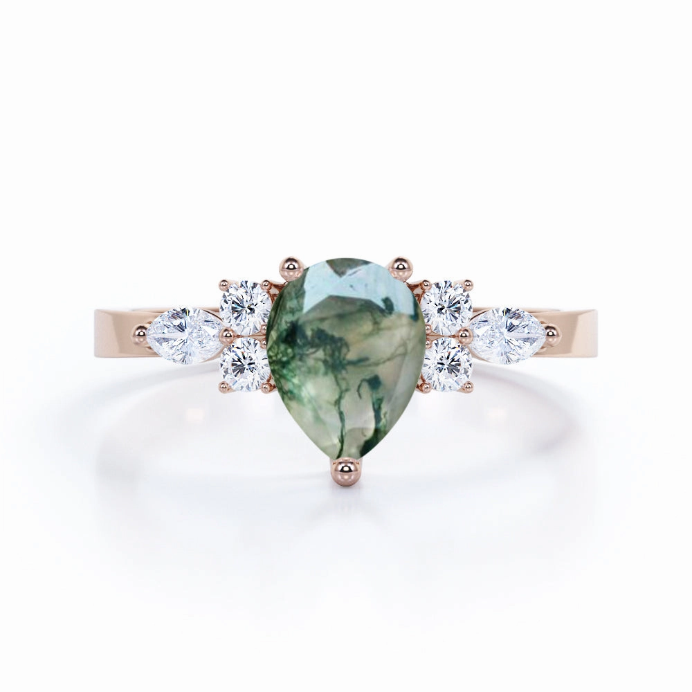 Affordable Item Seven Stone 0.6 Carat Pear Moss Agate Engagement Ring