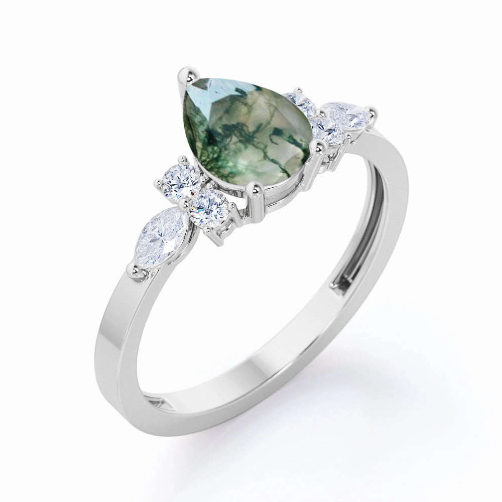 refined design Environmentally Safe Seven Stone 0.6 Carat Pear Moss Agate Engagement Ring