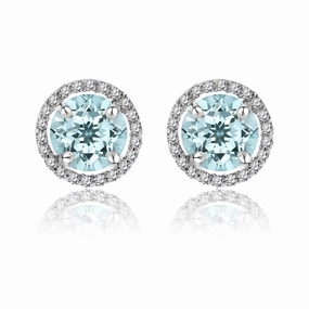 Gorgeous Selection Formal Decoration 1.25 Carat Round Cut Aquamarine March Birthstone Halo Stud Earrings in 18K White Gold over Silver
