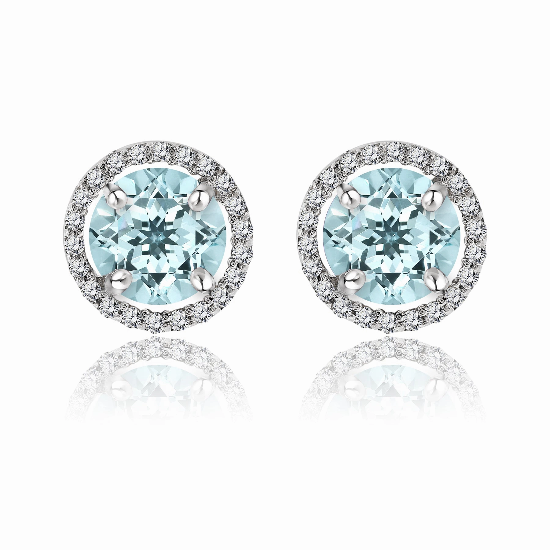 Striking Trinket 1.25 Carat Round Cut Aquamarine March Birthstone Halo Stud Earrings in 18K White Gold over Silver