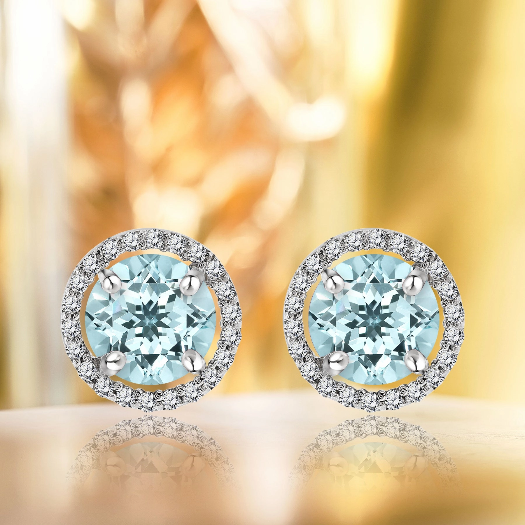 1.25 Carat Round Cut Aquamarine March Birthstone Halo Stud Earrings in 18K White Gold over Silver Durable Finish Premium Piece