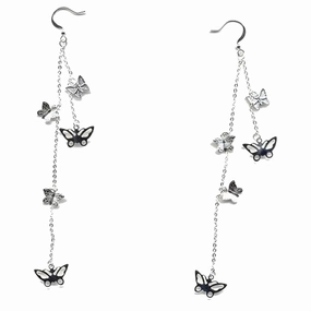 AzureBella Jewelry Extra Long Double Chain Butterfly Earrings - Silver Plate Spiral Accent
