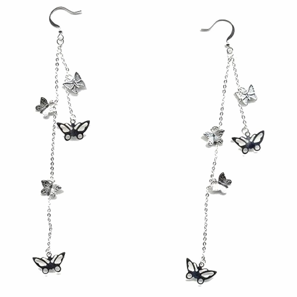 AzureBella Jewelry Extra Long Double Chain Butterfly Earrings - Silver Plate Spiral Accent