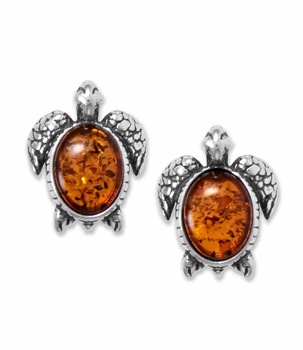 Baltic Amber Sea Turtle Stud Earrings Sterling Silver Minimalist Accessory Star-Shaped Trinket