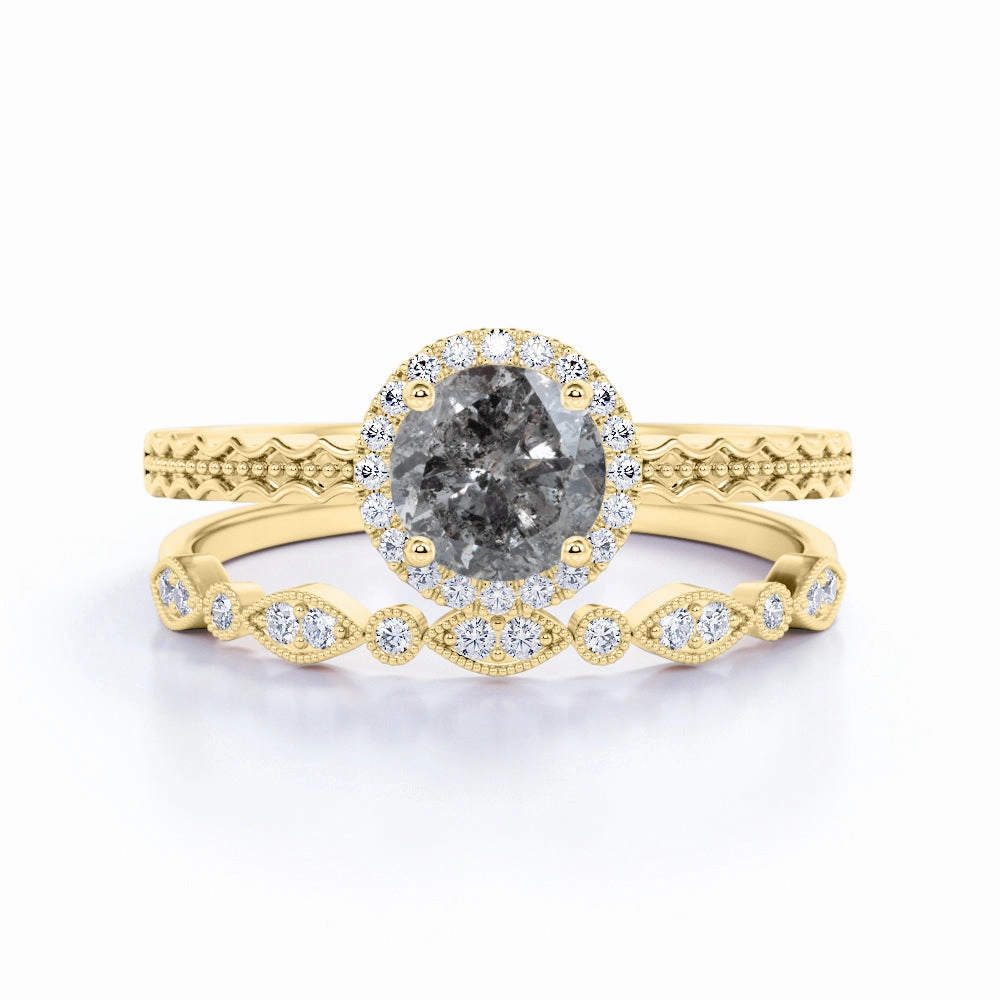 Fashionable Work 1 Ct Round Salt and Pepper Diamond Halo Bridal Set