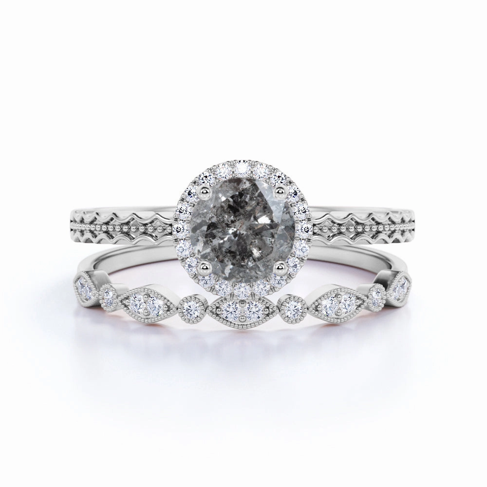 1 Ct Round Salt and Pepper Diamond Halo Bridal Set Bold Sign