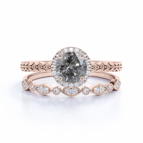 1 Ct Round Salt and Pepper Diamond Halo Bridal Set HighEnd Sign Postmodern Design